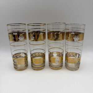 Gold Highball Shot Drinking Glass Tumbler Set of 4 Leaf Foliage Floral